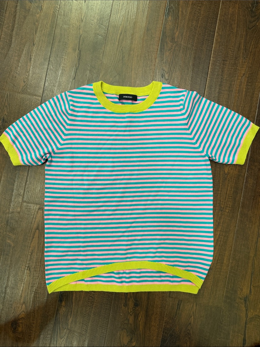 Amazon Women’s Short Sleeve Stripe Tee in Aqua, Pink & Lime S